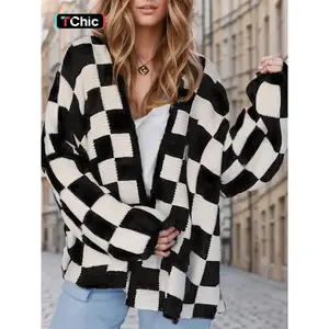 Women’s checkerboard print bishop sleeve open front cardigan, fashion casual long-sleeve knitwear for all seasons, women’s knit clothing for daily wear, cardigan for women