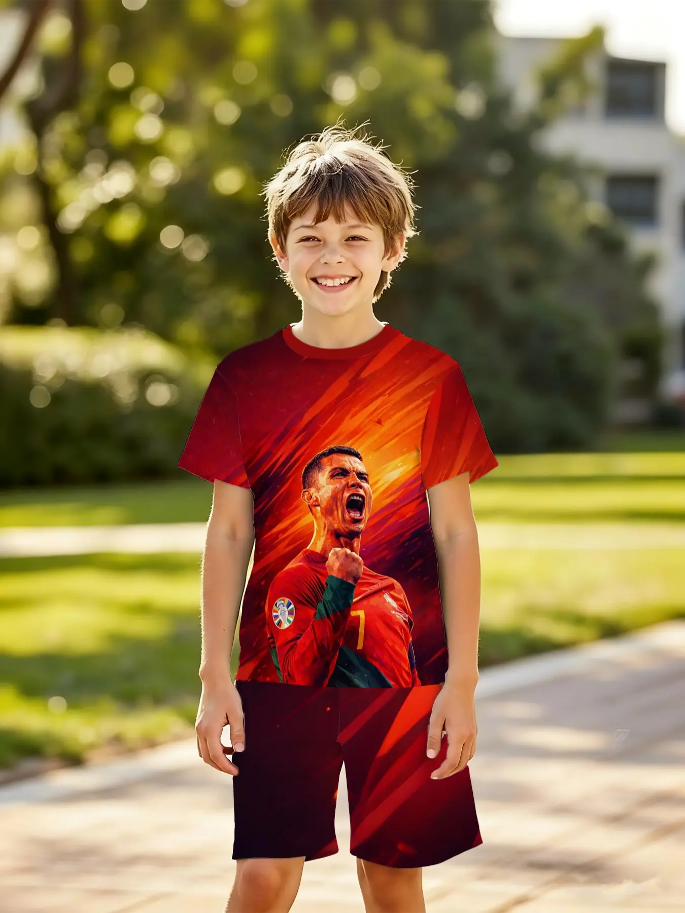 Boys' Football Star Printed 3D Short Sleeve Shorts Set, Shorts Combo, Casual Outdoor Sports, Sporty Design, Birthday Gift, Holiday Present