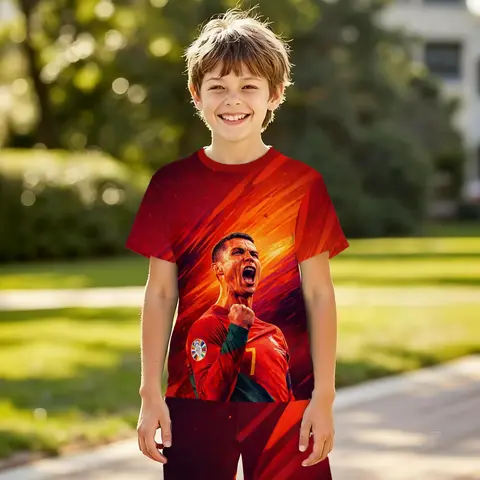 Boys' Football Star Printed 3D Short Sleeve Shorts Set, Shorts Combo, Casual Outdoor Sports, Sporty Style Clothes, Sporty Design, Birthday Gift, Holiday Present