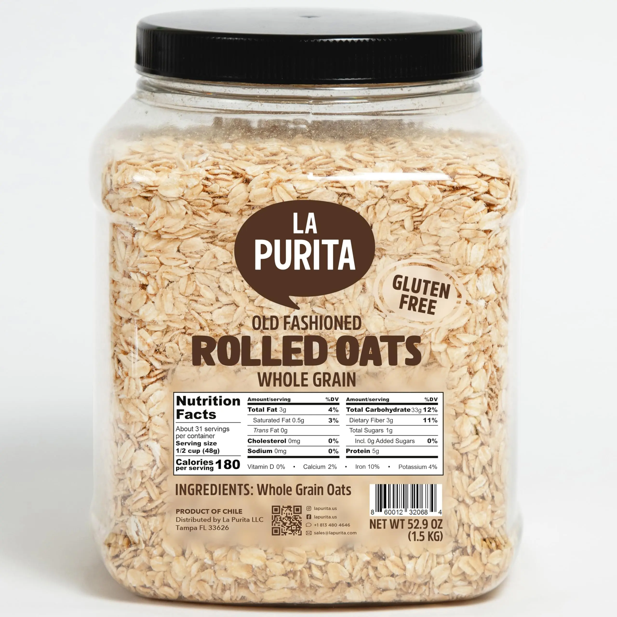 La Purita 100% Gluten Free Old Fashioned Rolled Oats, 53 oz - Oatmeal, Non-GMO, Whole Grain, High-Fiber, Nutrient-Rich, Perfect for Porridge, Baking & Smoothies