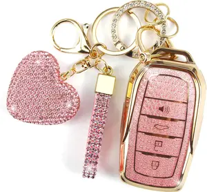 Key Fob Cover with Diamond Keychain Fit for Toyota Car Key Holder Compatible with Camry 2025, Venza 2019-2024, RAV4 Prime, Land Cruiser, Fortuner, Grand Highlander, Corolla, 4 Buttons (Pink)