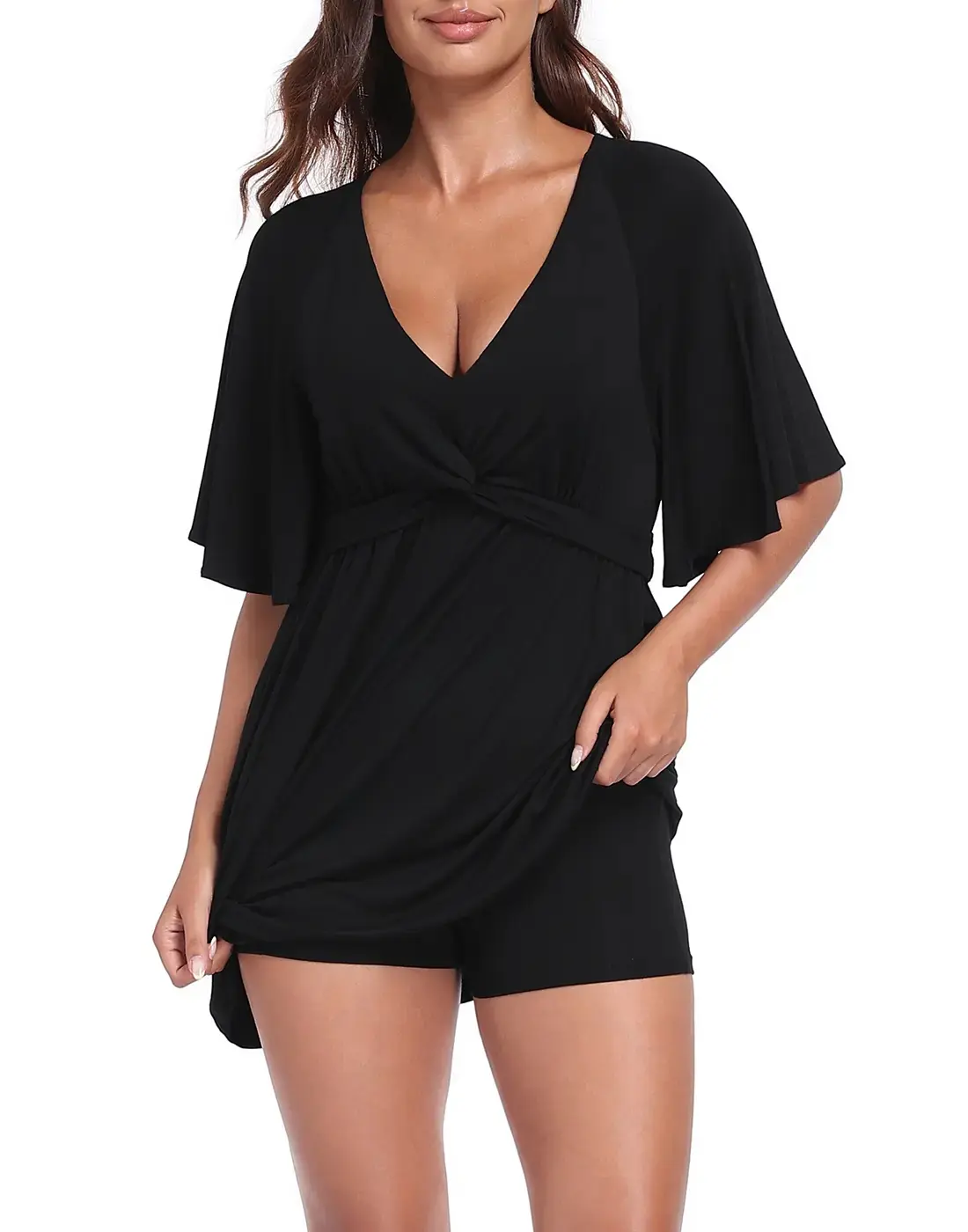 Romper V Neck Flutter Sleeve Flowy Built-in Shorts Pockets Quick Slip Lightweight Breathable Comfortable Versatile Chic Style Casual Beach Vacation Party Date Night Out Weekend Travel Holiday Resort Getaway Cruise Cocktail Evening Dinner Club Summer Women