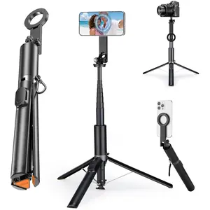 64" Magnetic Selfie Stick Tripod Stabilizer, Auto-Open Tripod Stand with 360° Rotatable Travel Phone Stand with Metal Ring & Rechargeable Remote for iPhone/Android Smartphone Camera Accessories Photography/Vlogging
