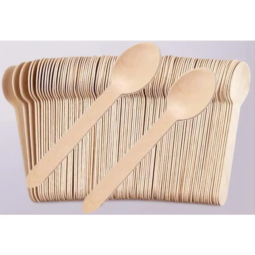 100 Pack Disposable Bamboo Spoons - 6.3 Inch Compostable & Biodegradable Cutlery, Heavy Duty Wooden Spoons for Parties, Weddings, Camping & Desserts