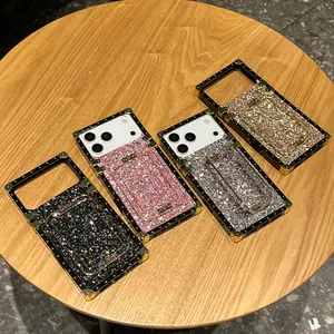 Electroplated Brand Square Protective Case with Glitter Powder, Stand Holder Phone Cover Accessories for Apple Smartphone iPhone 17pro Max/17 Pro/17 Air/16pro Max/16 Plus/15 Series