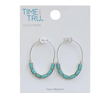 Time and Tru Women's Silver Tone Faux Turquoise Baguette Hoop Earrings