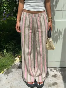 Women's Pink and Green Striped Pants, Ladies Elastic High-Waist Wide Leg Trousers, Casual Textured Linen Blend Slacks, Trendy Colorful Summer Lounge Bottoms, Boho Casual Pants
