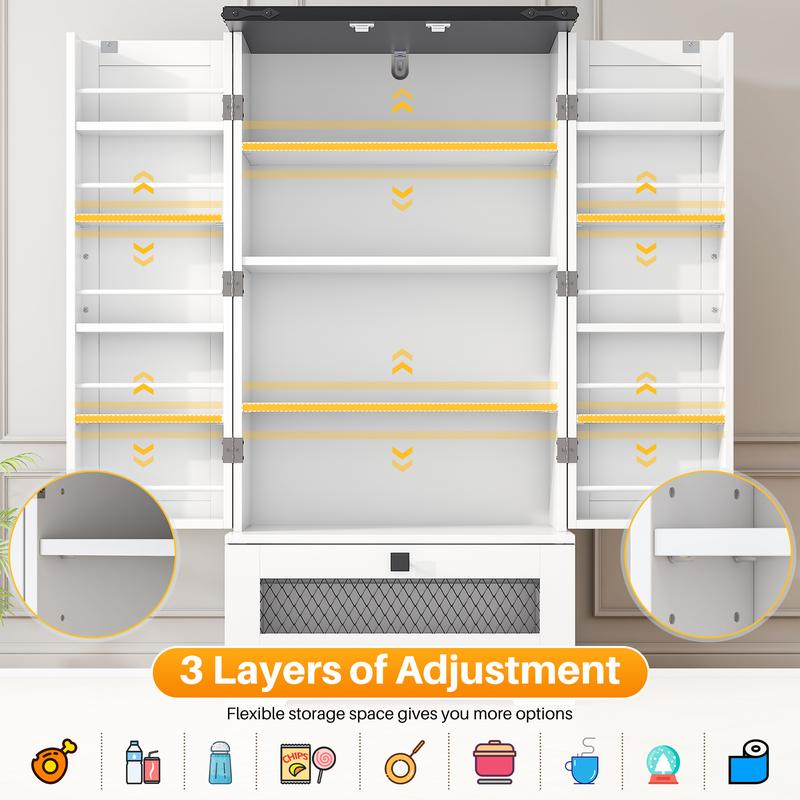 47" Pantry Cabinets with Adjustable Shelves and Drawer, Farmhouse Kitchen Pantry Storage Cabinet, Buffet Cupboards Sideboard for Kitchen, Dining Room, Living Room Use