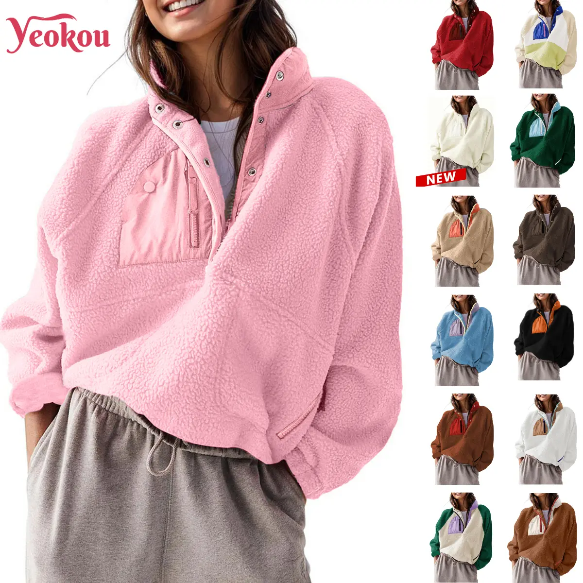 Yeokou Women's Color Block Fuzzy Sherpa Pullover, Casual Cropped Fleece Jacket with Half Snap Stand Collar and Pockets, High-Quality Fabric