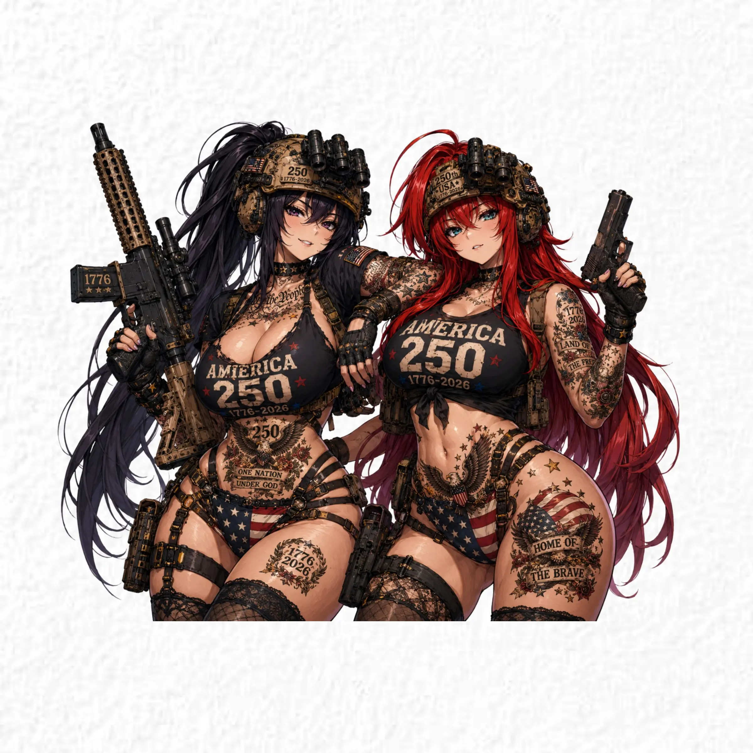 Akeno x Rias America 250 Anime Duo Girls Sticker, Patriotic Tactical Waifu Vinyl Decal, 1776-2026 USA Freedom Sticker