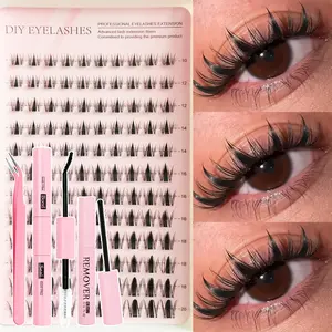 False Eyelash Set 120 Clusters Eyelash Extensions with Mascara, Sealing Glue Tweezers, Remover, Self-Adhesive Lashes Kit DIY Eyelashes for Beginners Makeup at Home