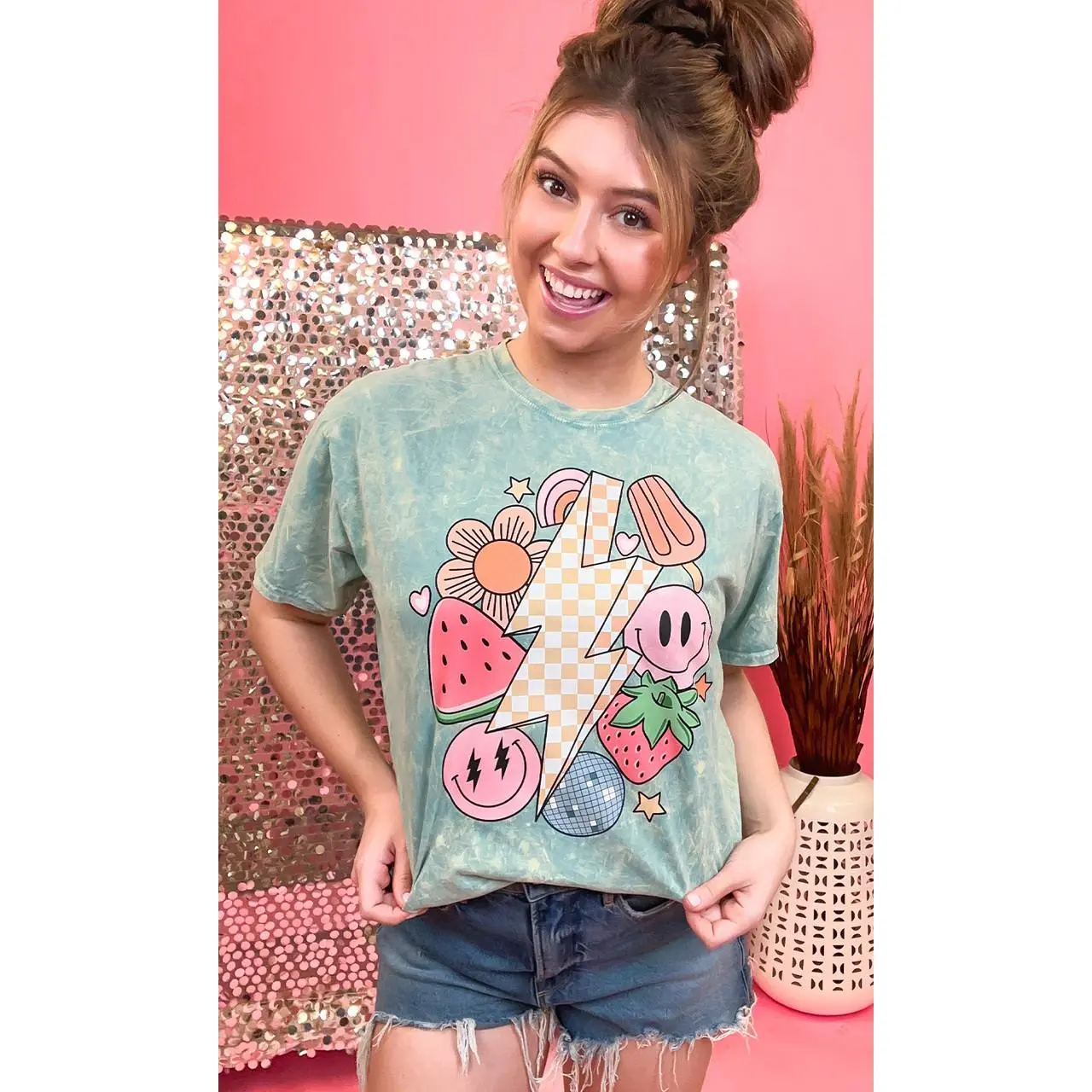 Tees2urdoor Women's Fitted Cotton Checkered Short-Sleeve Crew Neck Basic Graphic T-Shirt - Retro Fruity Mineral Washed Cool Mint Streetwear, Women's Clothes, Basic Unisex Tee for Casual Summer Wear, Tshirt