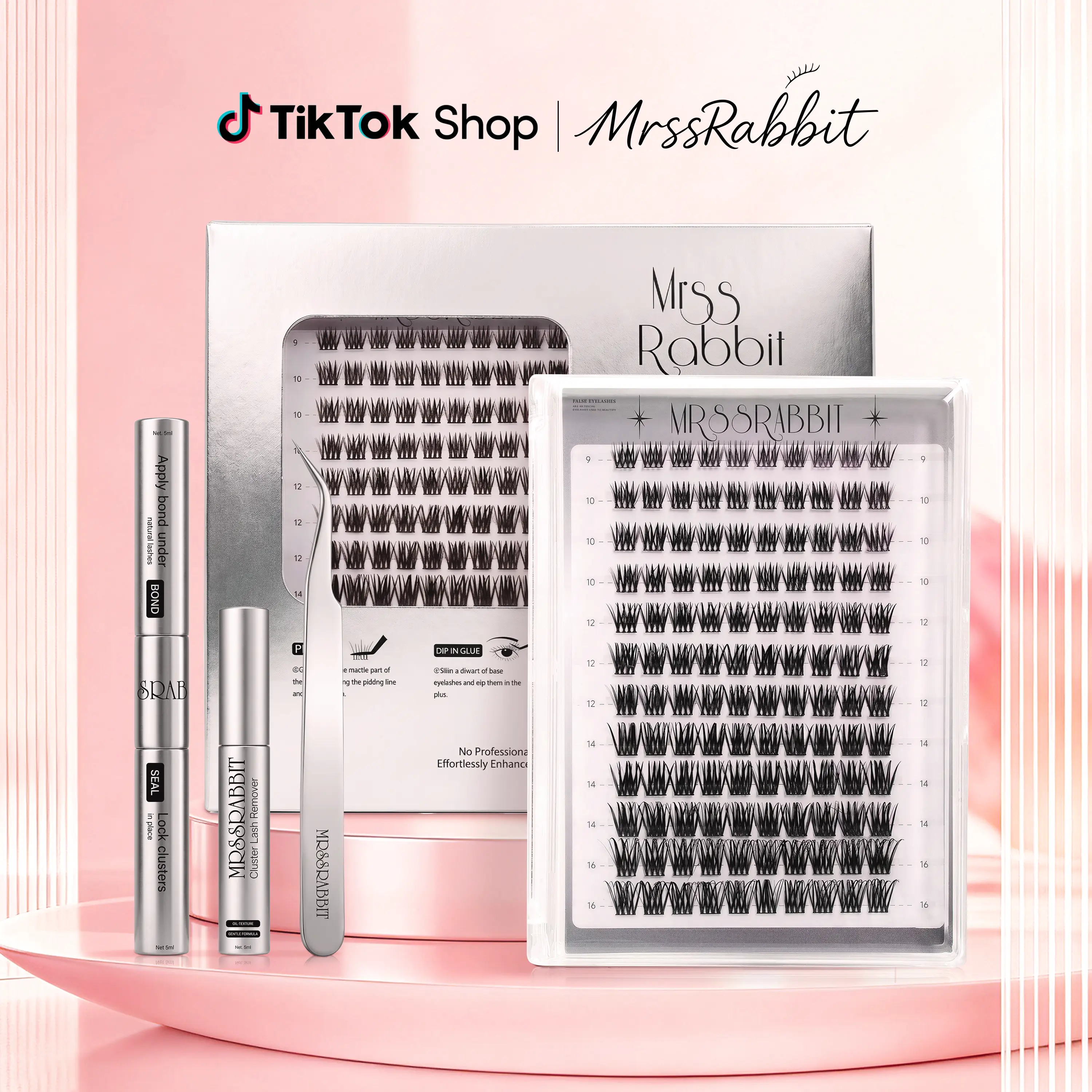 Miss Bunny Dreamy Eyelash & Full Lash Set, mixed lengths 9–16 mm, no salon lash extension skills needed; fluffy D curl dynamic individual cluster extensions; easy at-home makeup application—set includes adhesive, lash remover, and tweezers; multi-size las