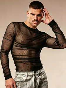 Men's mesh T-shirt, diamond mesh cool long-sleeve summer knitwear, slim-fit shirt, minimalist muscle top, nightclub party mesh long-sleeve base layer, adult fashion casual top