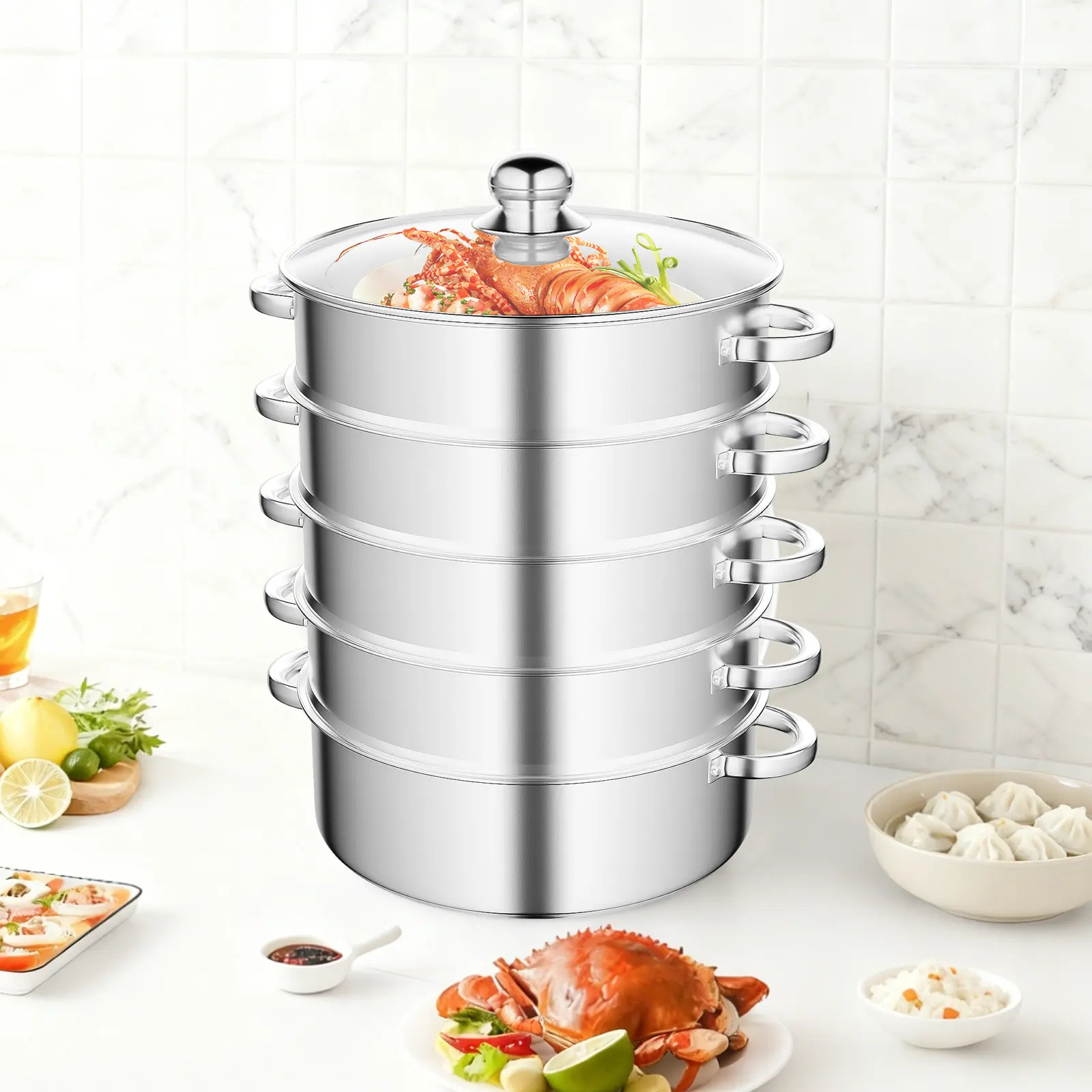 5 Tier Stainless Steel Steamer 28x45cm, Large Multi Layer Steam Pot for Gas Induction Stove, Silver Vegetable Dumpling Cooker