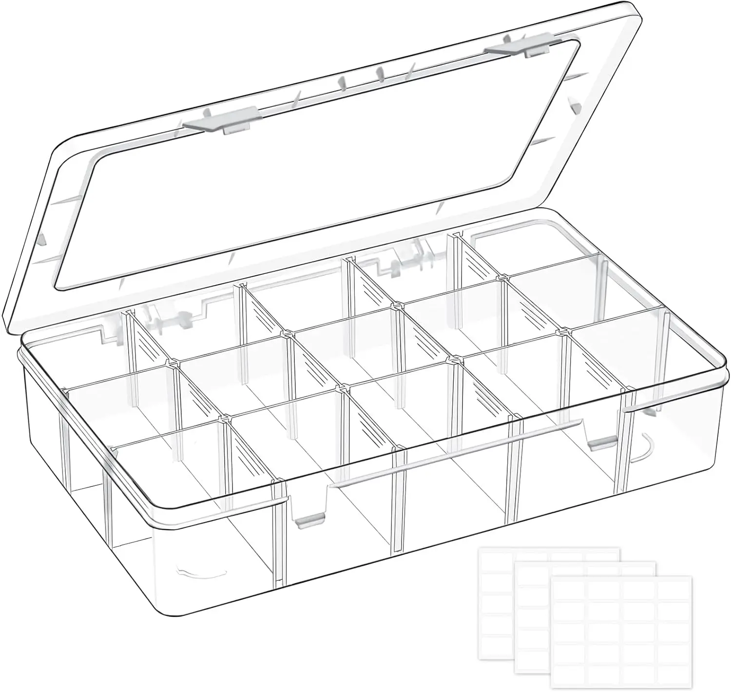 15 Grids Large Plastic Organizer Box with Adjustable Dividers | Small Tackle Boxes, Mini Bead Organizers with Hinged Lid and Labels, for Crafts, Jewelry, Small Items