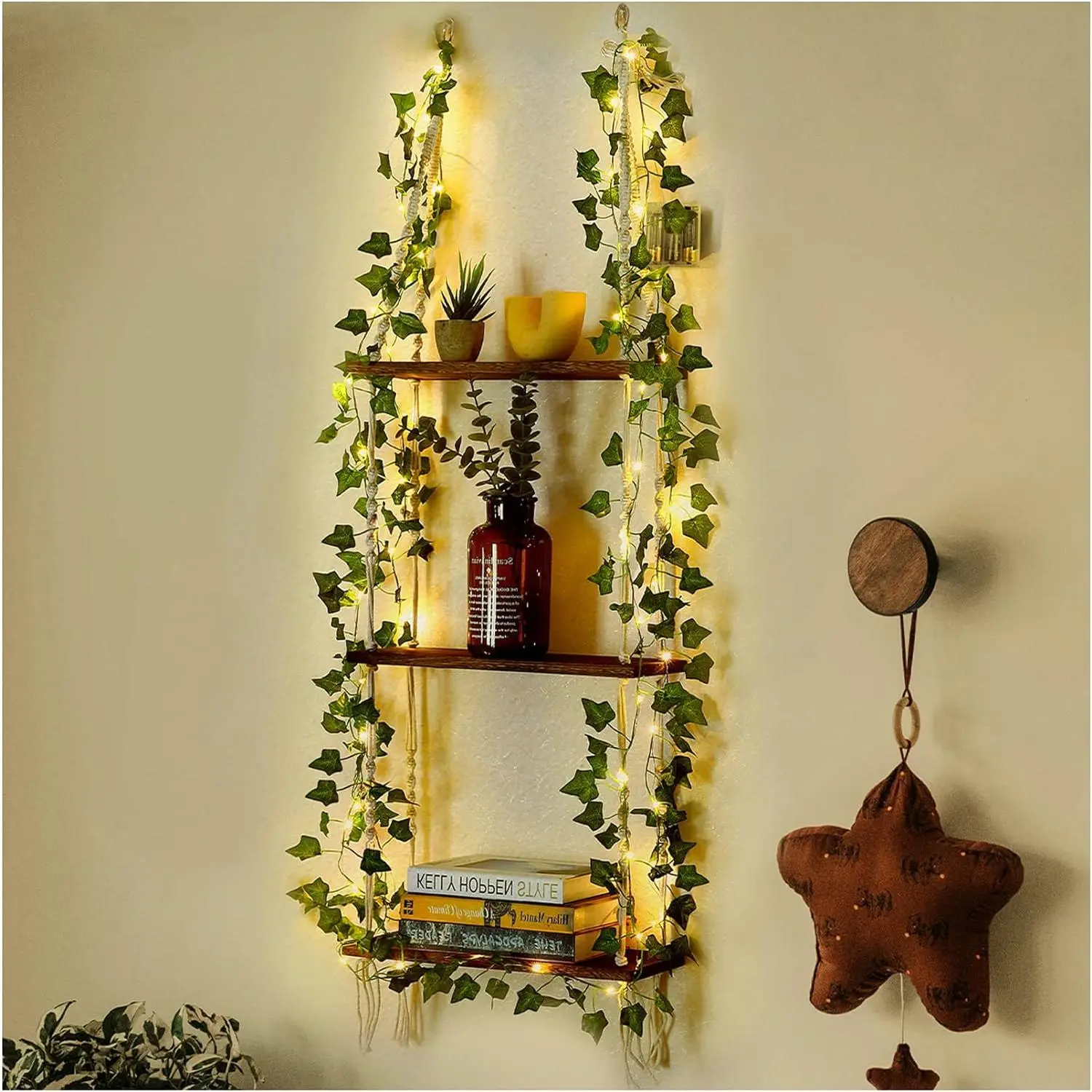 Wooden Macrame Hanging Plant Shelf with Vine Lights, Handmade Woven Ropes & Installation Hook, 3-Tier Setup Floating Shelf, Boho Wall Storage Space, Ideal for Succulents, Living Room, Perfect Gift