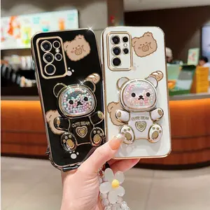 S23 Ultra Fashion Series Fashion Strap Lanyard Phone Holder Case For Compatible With Samsung Galaxy S23 Ultra PC Cover and Protective Impact Resistant Cute Lovely Bear Style Protector Cases