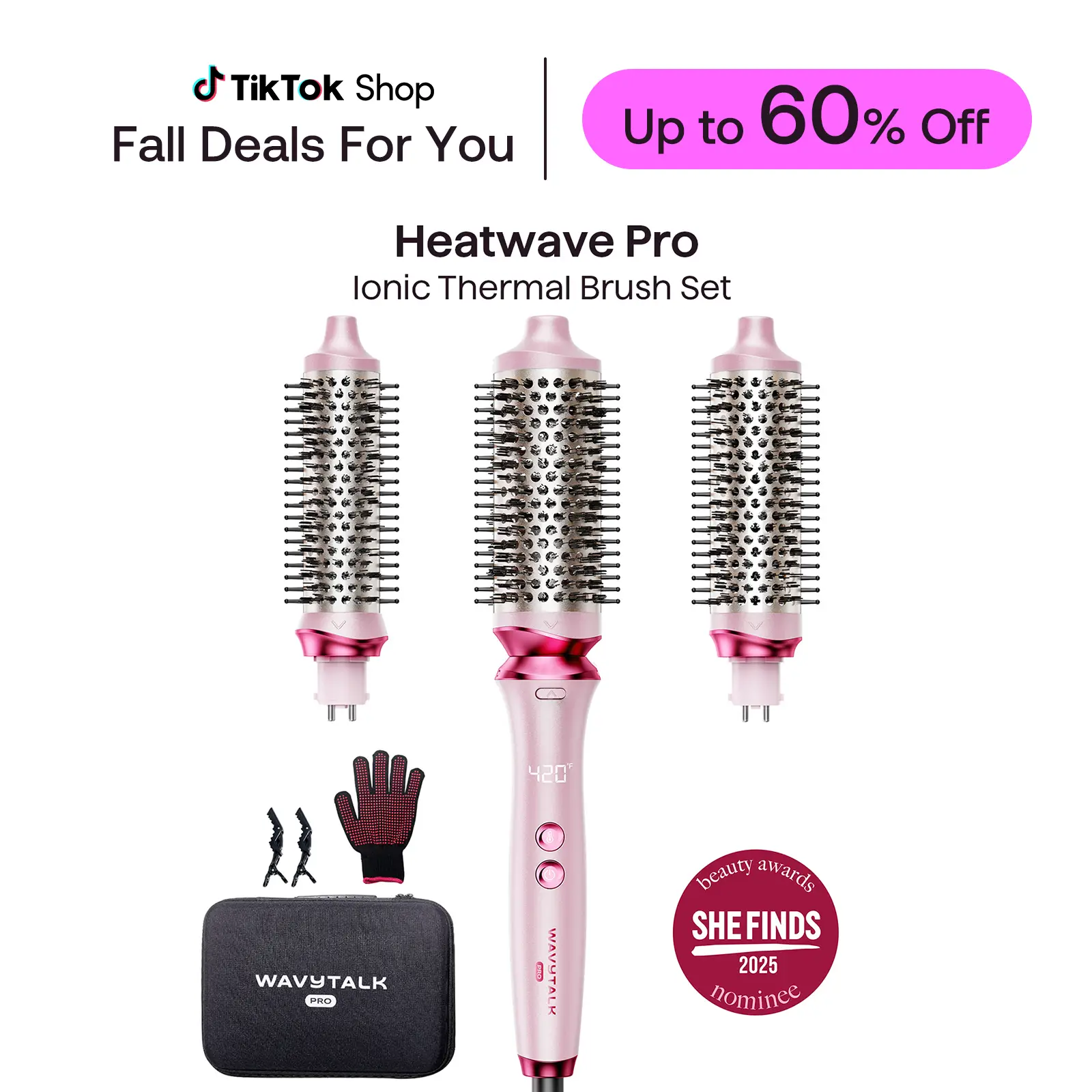 Wavytalk Heatwave Pro Ionic Thermal Brush Set: Negative Ion Styling with 3-Size Interchangeable Brushes - Dual Voltage for Salon Shine & One-Step Blow