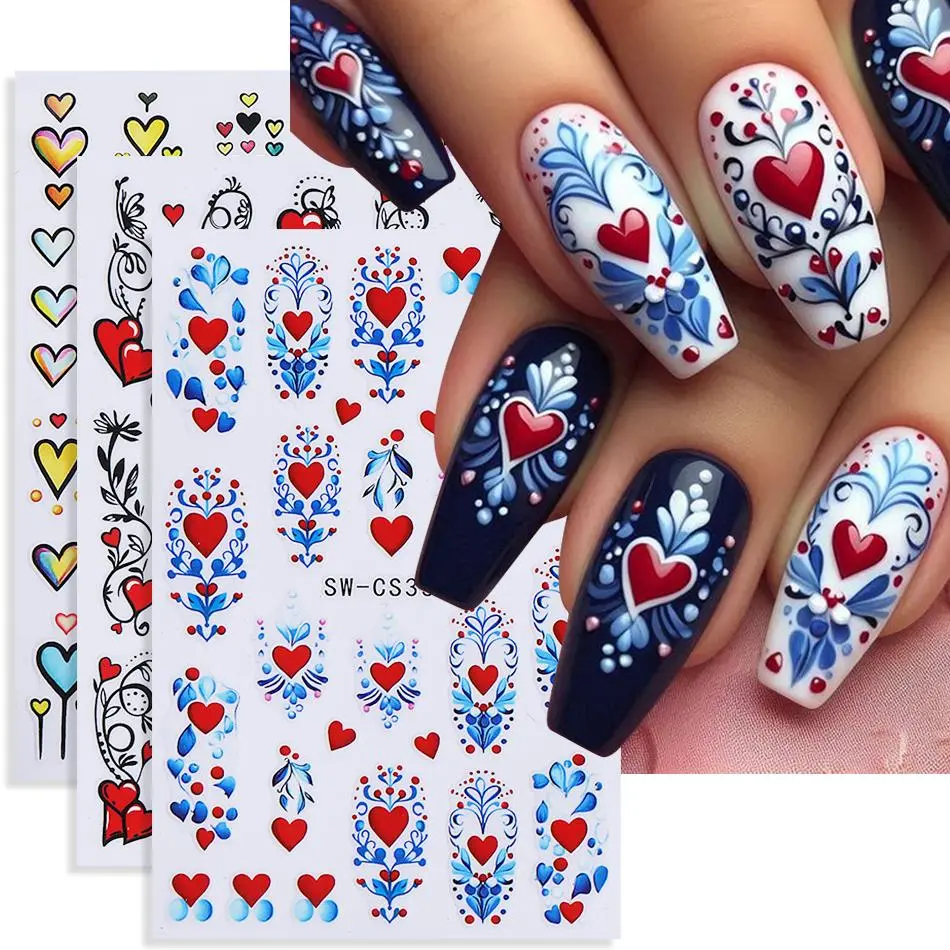 3pcs Bohemian Heart Nail Art Stickers Valentine's Red Love Heart Petals Simple Line Nail Decals DIY Manicure Decoration Sliders
