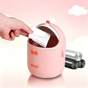 [HUOMAQFAN] Cute Mini Desktop Trash Can with Lid, Small Plastic Countertop Wastebasket with 90 Trash Bags, Creative Storage Bin for Home Kitchen Office, Pink & Green