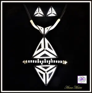 Black and White Delica Bead Triangle Necklace Set - Crystal Accents - Geometric Handmade Jewelry