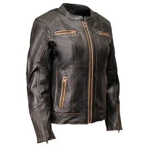 ML Women's Vintage Brown Leather Scooter Jacket w/ Mandarin Collar