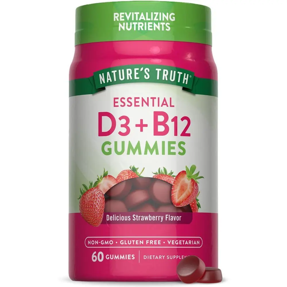 Nature's Truth Vitamin D3 + B-12 Gummies - 60 Count - Strawberry Flavor - Vegetarian, Non-GMO & Gluten Free Supplement Nature's Truth Vitamin D3 + B-12 Gummies - 60 Count - Strawberry Flavor - Vegetarian, Non-GMO & Gluten Free Supplement