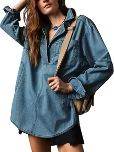 Fessceruna Women's Denim Pullover Casual Button V Neck Blouse Loose Fit Long Sleeve Jean Jacket With Pocket