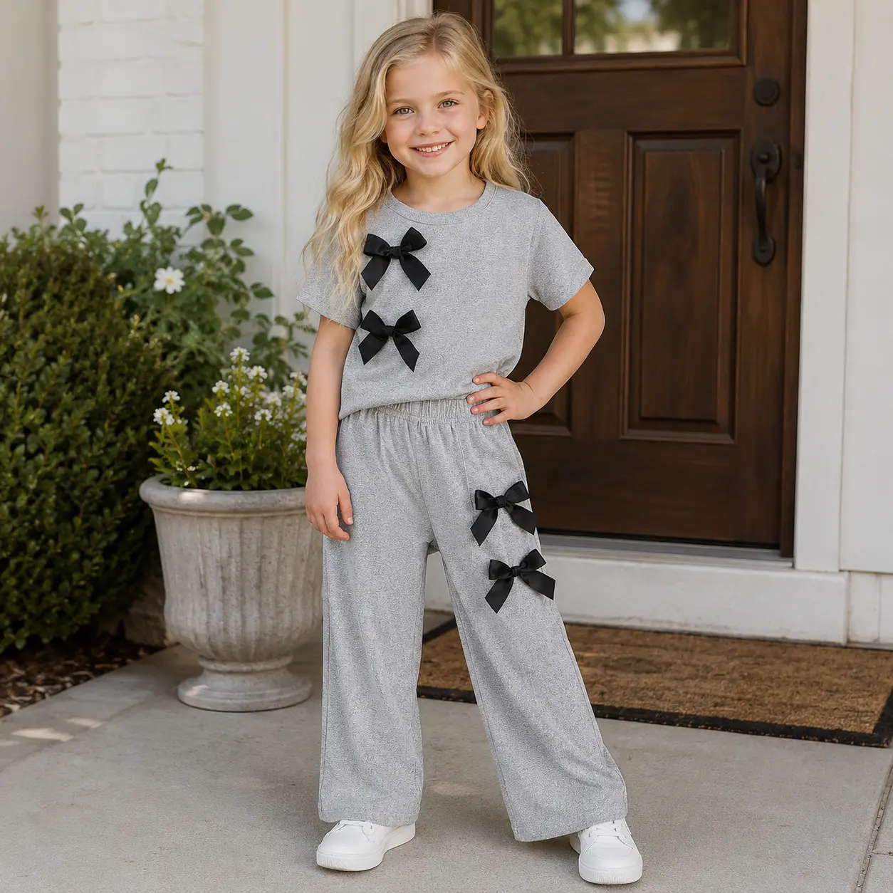 Toddler Girls 2 Piece Outfit Bow Knot Short Sleeve T Shirt and Wide Leg Pants Set Casual Summer Clothes 4-7Y
