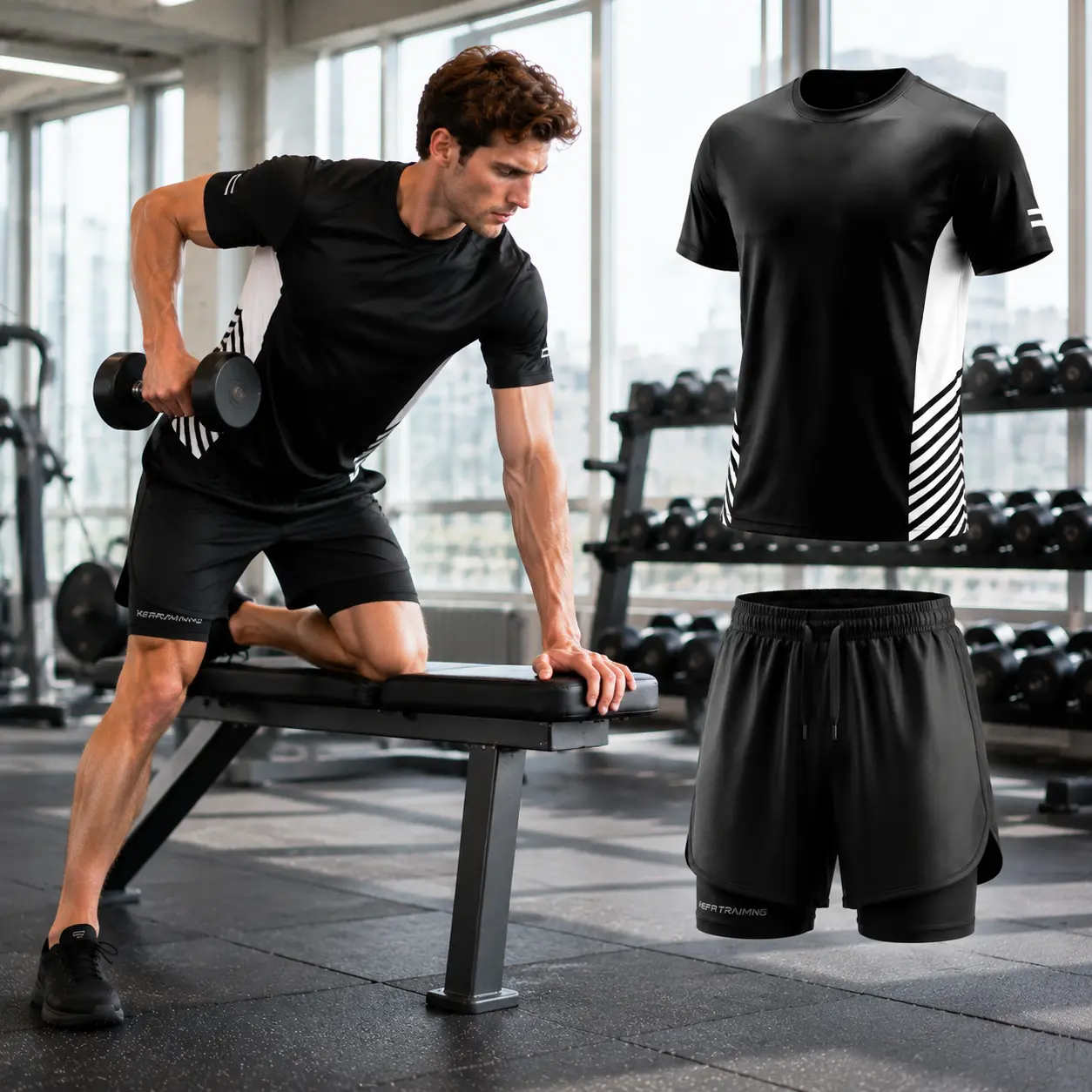 Men's 2-Piece Polyester Plain Fitness Outfit - Breathable Workout T-Shirt, 2-in-1 Athletic Shorts with Compression Liner for Gym, Running