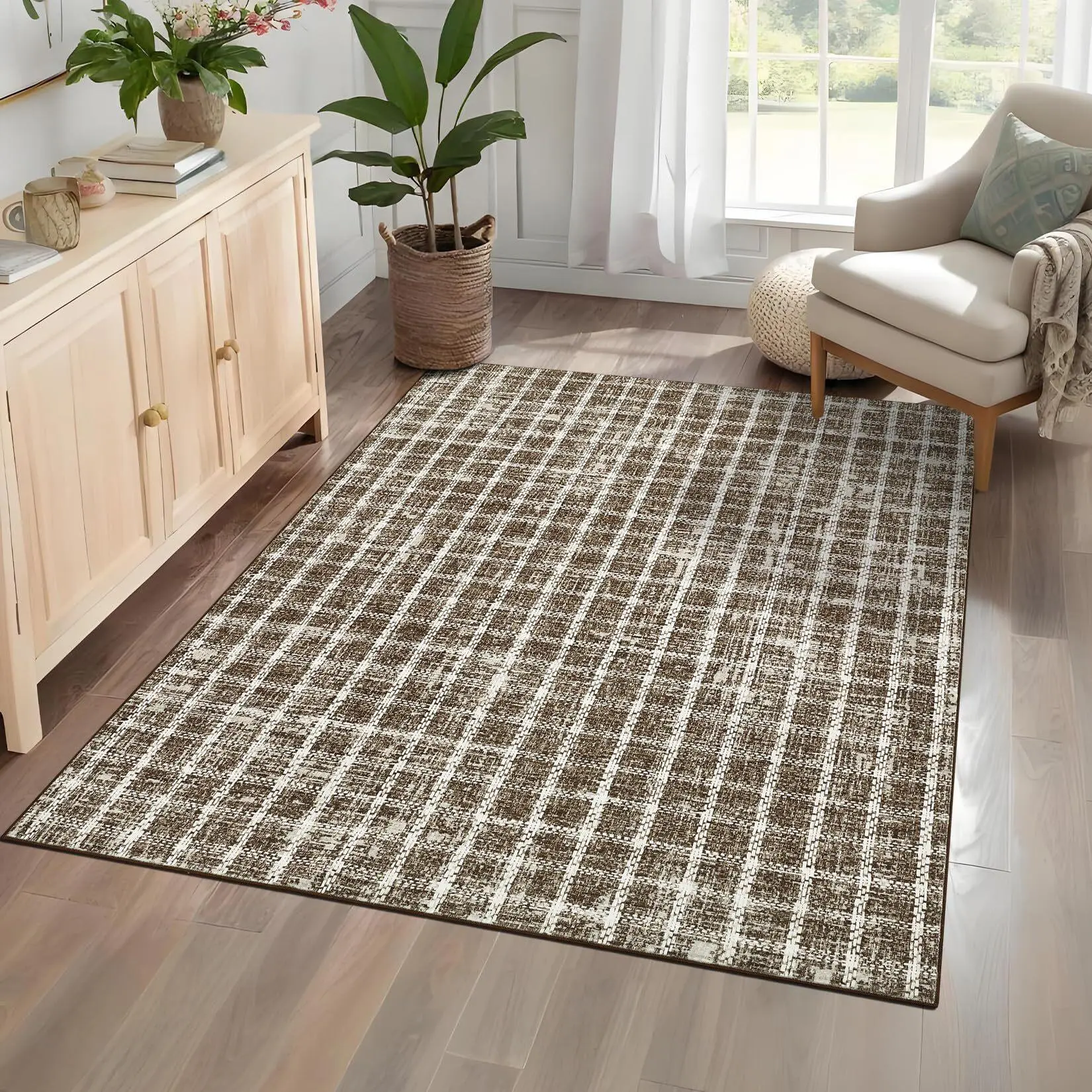 5x7 Rectangular Thin Pile Runner Rug, Washable Non-Slip Checkered Print Modern Carpet for Home Use, Taupe