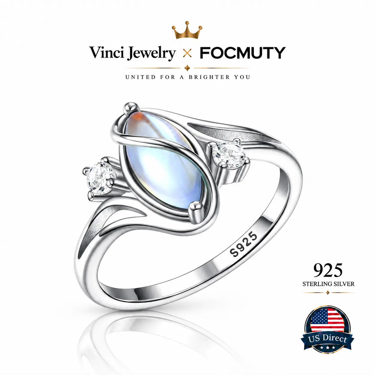 FOCMUTY 925 Synthetic Moonstone Ring with 5A CZ Accent Design, Elegant Women's Rainbow Stone Jewelry for Girls, Romantic Moon Ring Perfect Gift for Lover as Birthday and Christmas, for Daily Wear and Party,Mother's day Gift