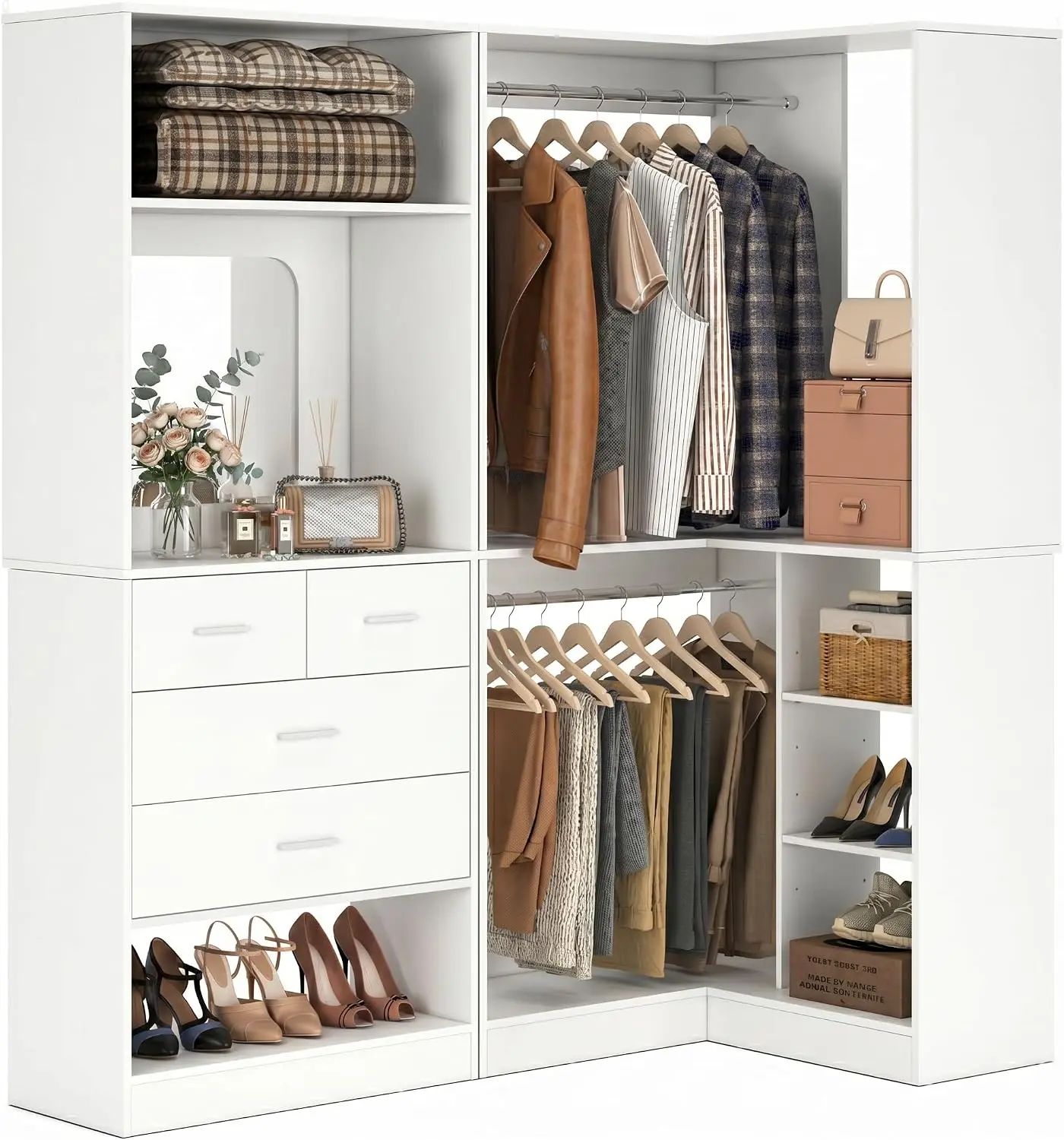 Unikito L-Shaped Corner Closet Organizer with Mirror and 4 Storage Drawers, Walk-In Closet System with 2 Hanging Rods & Open Shelves, Space Saving Wardrobe, 1300+ lbs Capacity, Set of 2