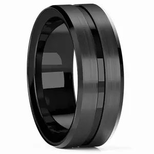 1pc Men's Black Stainless Steel Wedding/Engagement Rings, Double Black Groove Beveled Edge Tungsten Ring, Jewelry Gift For Him