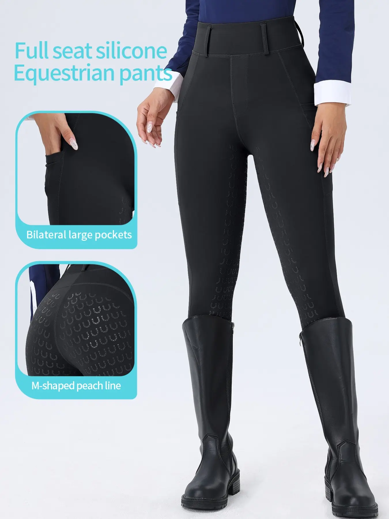Women's Equestrian Sport Tight Pants, Sports Wear, Side Pockets, Anti-Slip Silicone, High-Waisted, Breathable, Quick-Dry, No Belt Included