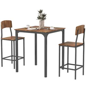 3 Piece Pub Table and Chairs, Small Kitchen Table and Chairs, Square Dining Table with 2 Stools, Walnut and Black