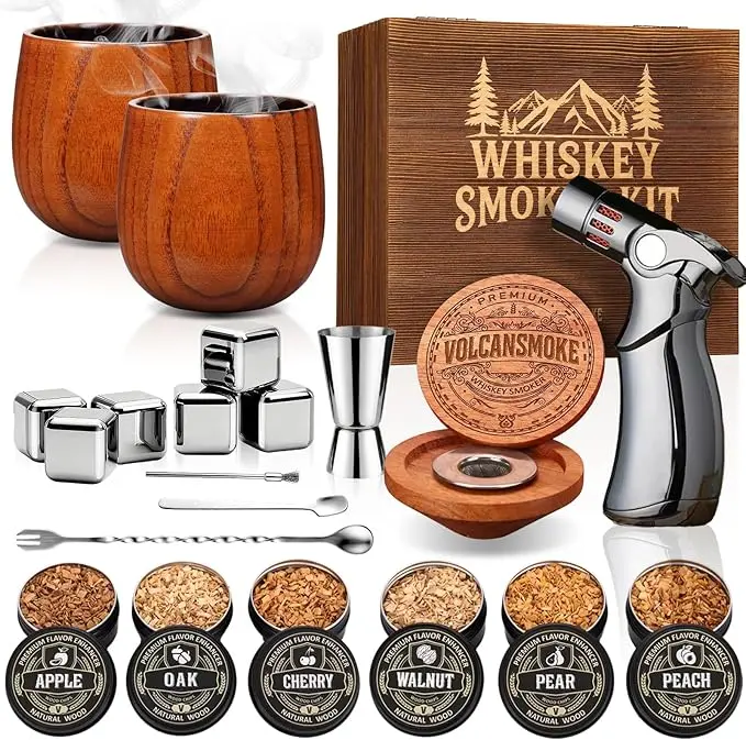 [Father’s Day Gift] Compact and Portable Classic Whiskey Smoker Kit, with Torch Lighter, 6 Wood Chip Flavors, 2 Charred Wooden Whiskey Glasses, Metal Utensils, Gift Box - for Bourbon, Old Fashioned Cocktail Smoke Infusion
