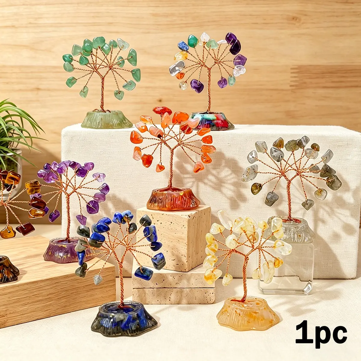 1pc 7 Chakra Natural Healing Stone Resin Mini Crystal Tree, Feng Shui Ornament, Good Luck Decor for Home Office Desk Living Room