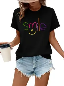 The colorful word "smile" features the letter "i" designed as a yellow smiley face pattern. This is a new summer women's T-shirt, casual fashion printed shirt for women, Cotton Menswear Crewneck Graphic Print Tee top Womenswear Streetwear Tshirt