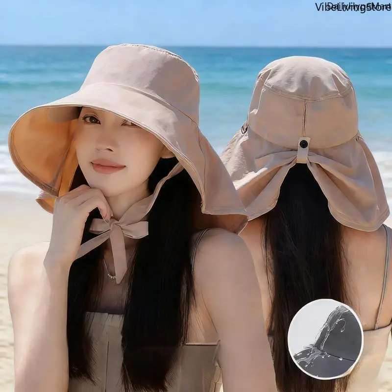 Korean-Style Wide Brim Waterproof Adjustable Bucket Hat with Neck Shawl, Casual Outdoor Sunscreen Leisure Hat, Spring-Summer Fashion Accessory Set for Beach Use, Casual Outdoor Hat