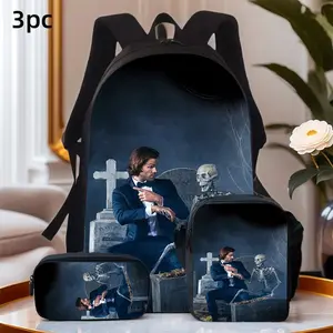 Sling on this backpack set and embark on your adventure!⚰️💀✅ Backpack: Featuring Sam Winchester in formal navy suit posing beside tombstone and sitting skeleton, misty dark graveyard backdrop, classic Supernatural gothic horror artwork, crafted from wea