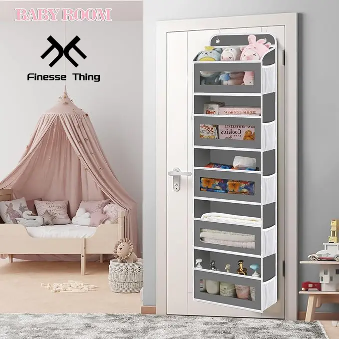 Over-The-Door Room Storage Organizer - Hangable 5-Shelf Non-Woven Fabric & Steel Unit with Compartments, Classic Anti-Tilt Design, 44 lb Load Capacity, Foldable Large Shelves for Bathroom, Bedroom