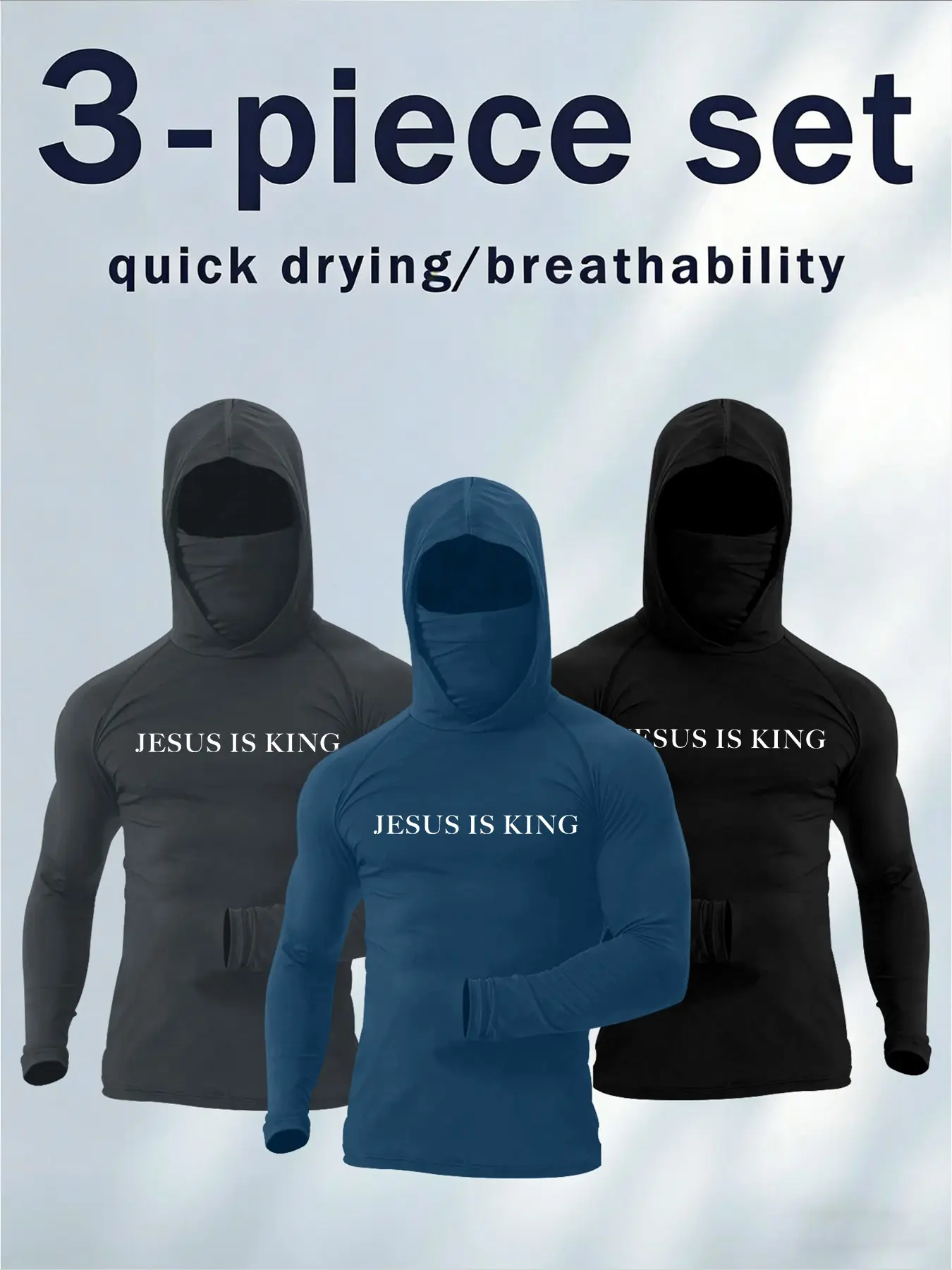Men's 3-Piece Jesus Is King Graphic Balaclava Hoodie Set, Quick Dry Breathable Long Sleeve Workout Top, Gym Tops, Christian Faith Gym Apparel, Gym Clothes Workout, Gym Workout Wear, Gym Sportswear #tiktokmademebuyit