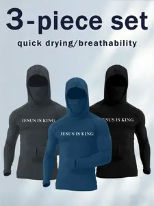 Men's 3-Piece Jesus Is King Graphic Balaclava Hoodie Set, Quick Dry Breathable Long Sleeve Workout Top, Christian Faith Gym Apparel #tiktokmademebuyit