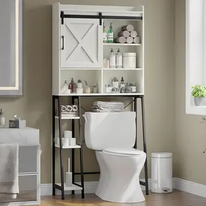[SummerVibes] Vabches Over The Toilet Storage Cabinet, Farmhouse Storage Cabinet Over Toilet with Sliding Door & Toilet Paper Holder Stand，Home Space-Saving Toilet Rack, for Bathroom, Restroom, Laundry