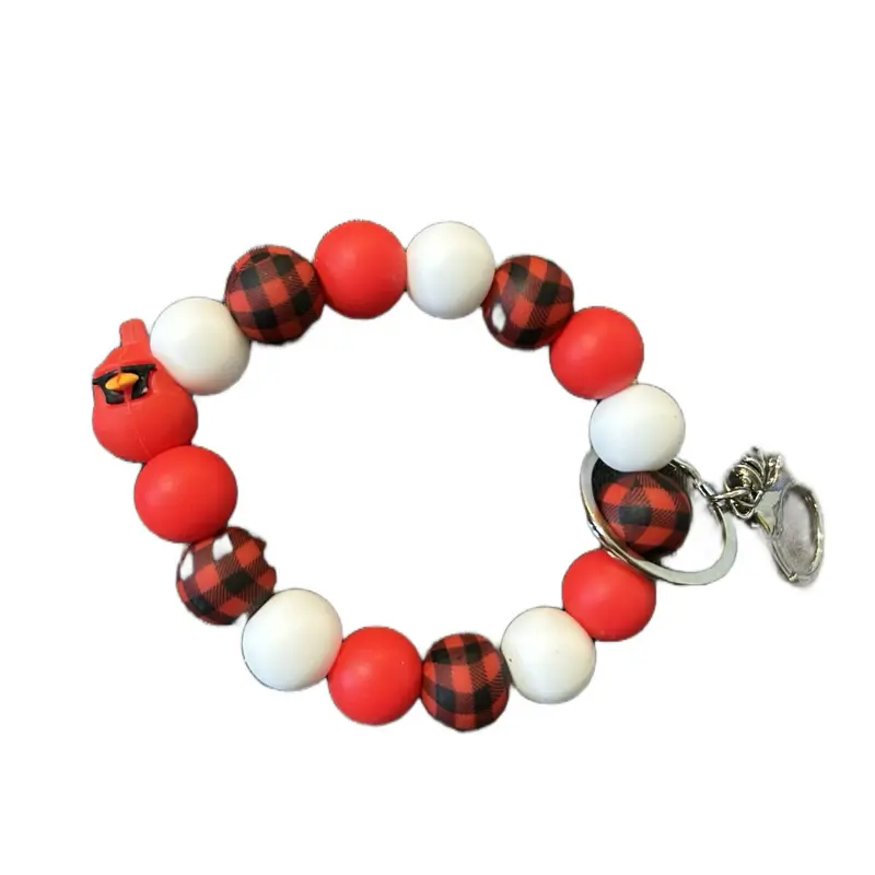Cardinal Keychain - Red and White Beads with Black Checkerboard Pattern, Includes Keyring Attachment