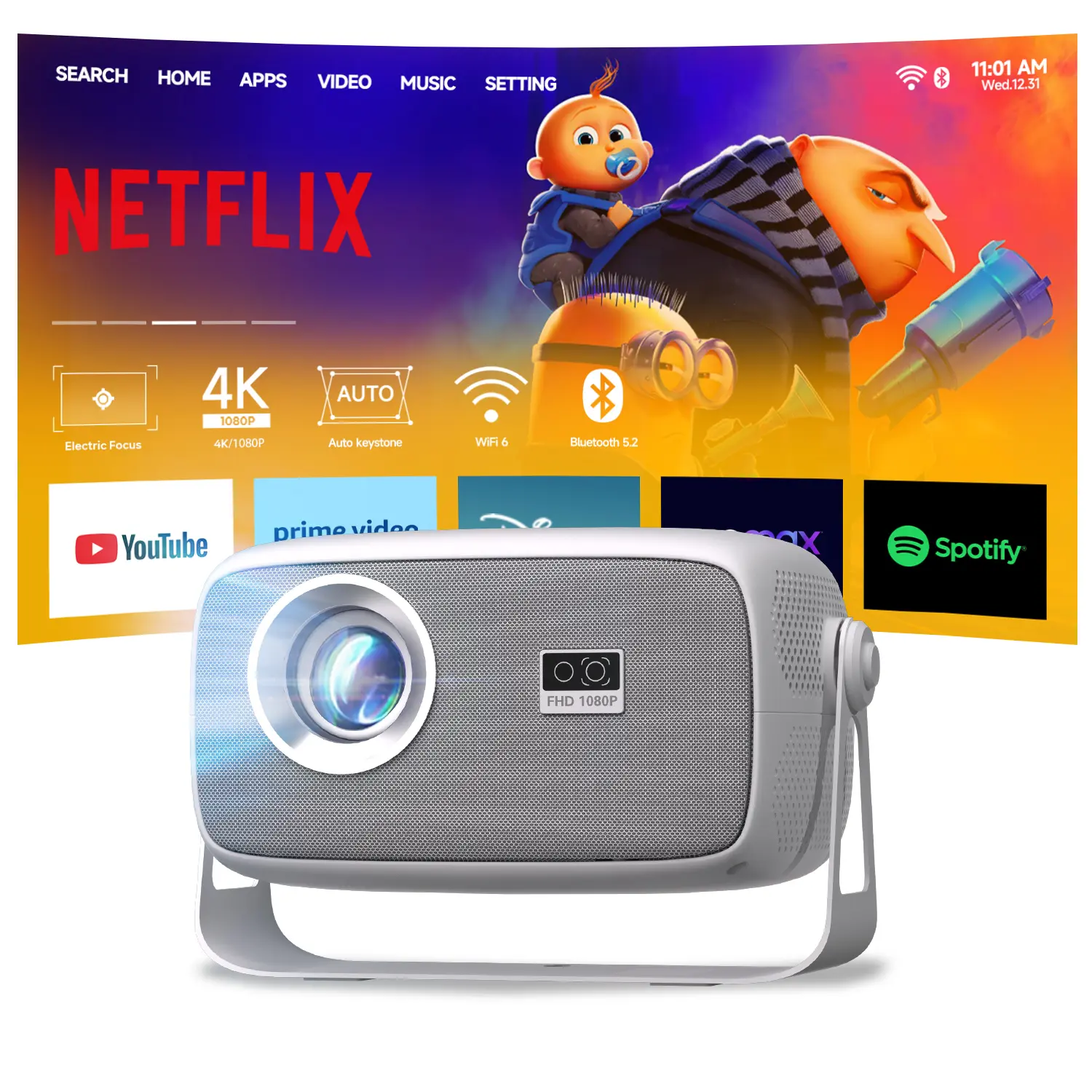 [US Warehouse] HUANLETOU X4 Projector  800 ANSI Lumens  AI Auto-Focus  Dual-band Wi-Fi module 4K Decoding Bluetooth 5.4  Supports 150-inch Screen   Built-in Speakers  180° Rotation  Mini Portable Home Theater  Outdoor Audio  Gift