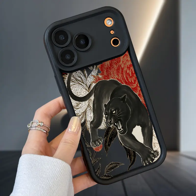 Patterned Red Rose & Black Panther Silicone Cellphone Case - Shockproof, Customized, Soft, Durable Protective Cover with Camera Lens Protection for iPhone 17 Air,16,16e,15,14,13,12,11 Pro Max Plus,X,XS - Various iPhones Mobile Device Accessory Gift