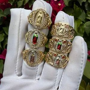 Virgin Mary Adjustable Rings Gold-Tone Design with Red Gemstone Accents and Heart-Shaped Details for Stylish Wear